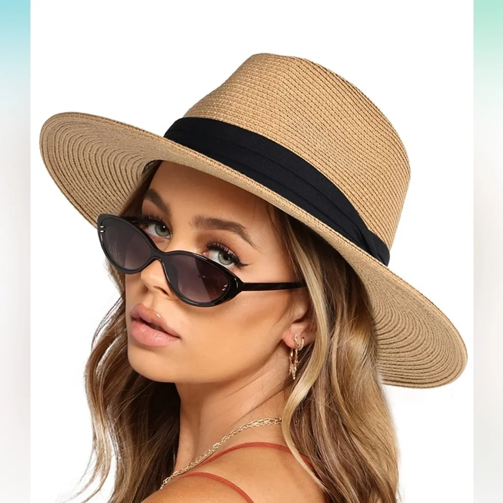 Womens Mens Wide Brim Straw Panama Hat Fedora - Picture 1 of 8